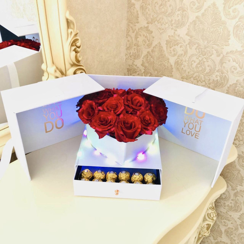 Casket with red roses and sweets, standart