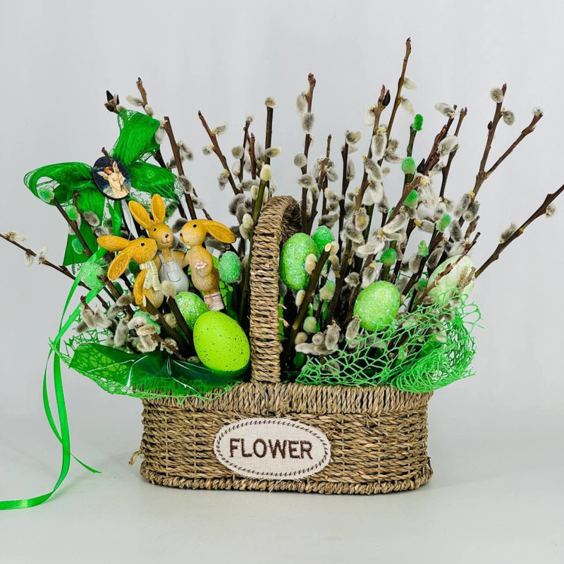 Composition of natural willow in a wicker pot with Easter bunnies, standart