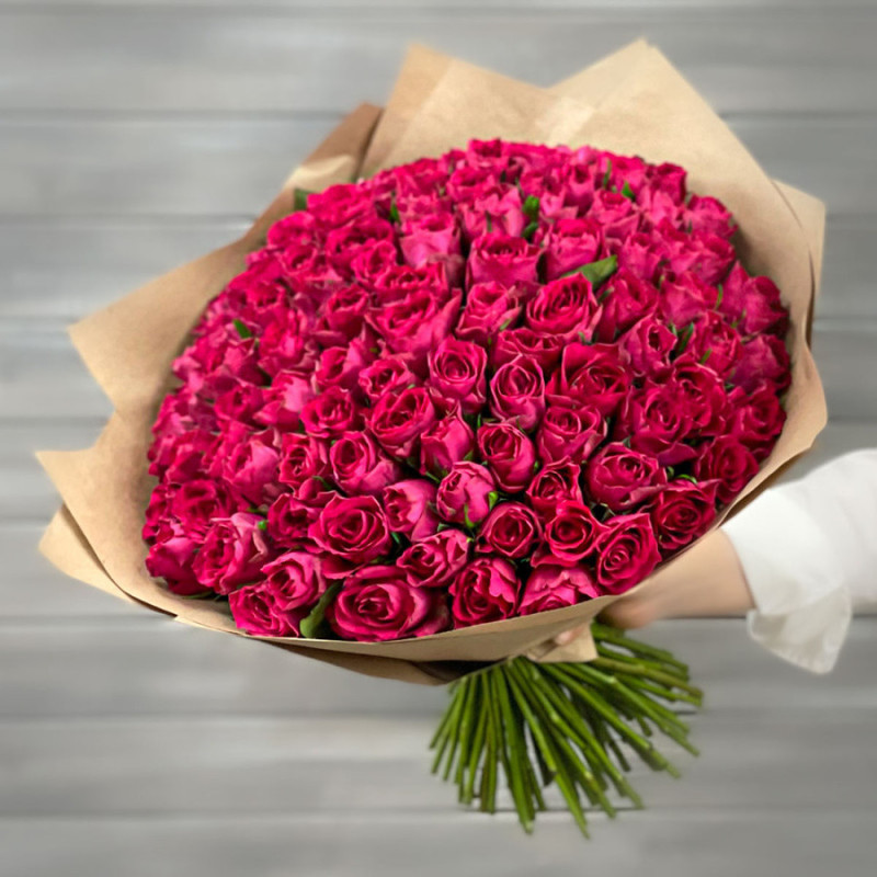 Bouquet of 101 crimson roses 40 cm in craft, standart