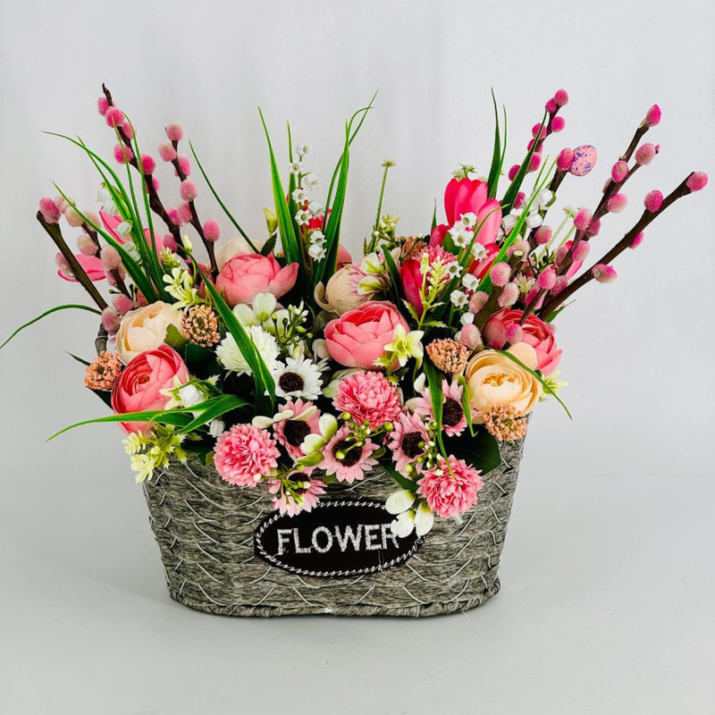 Designer bouquet of artificial flowers with natural willow, standart