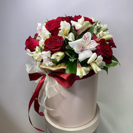 Box of roses and alstroemerias