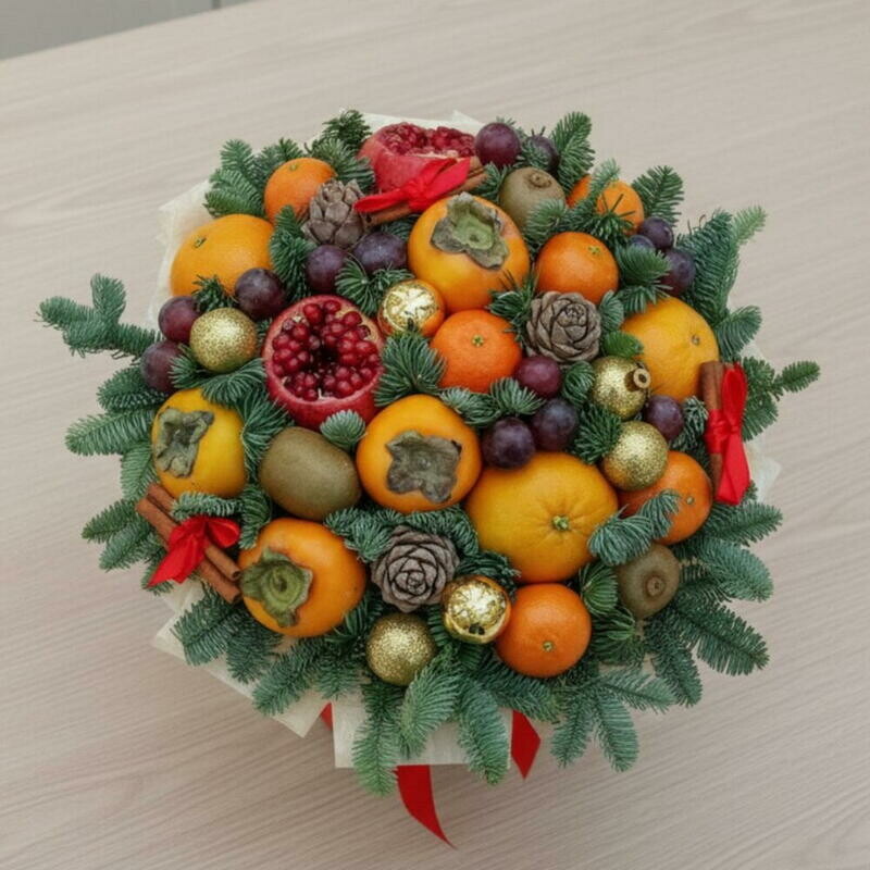 Большой букет с фруктами и нобелисом Новогодний подарок  Корпоративный букет . Фруктовый букет, премиум
