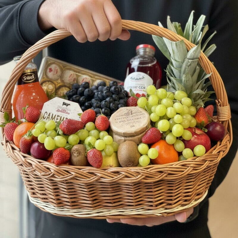 Подарочная корзина с фруктами, конфетами , сыром и икрой Корпоративная корзина на 23 Февраля, премиум