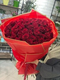 51 visokaya krasnaya roza v dekorativnoj upakovke