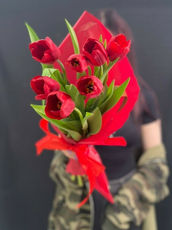 красный тюльпаны в упаковке, 7 красных тюльпанов в упаковке