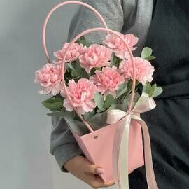 Диантусы и эвкалипт в сумочке