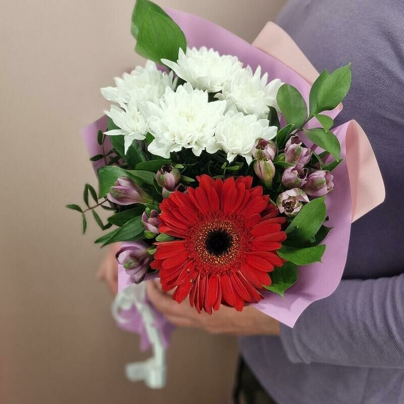 Buket-kompliment s krasnoj gerberoj i hrizantemoj, standart