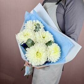 Букет из одноголовых хризантем сорта Магнум с эвкалиптом