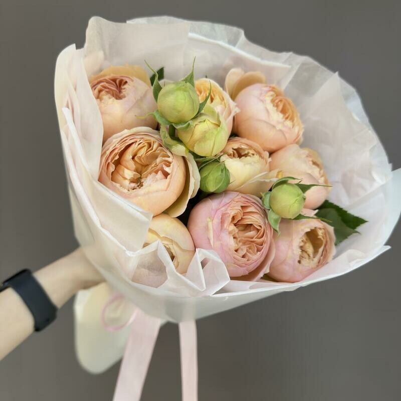 Букет из 9 персиковых пионовидных роз, стандартный