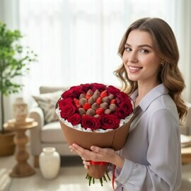 Букет из роз и клубники в шоколаде 