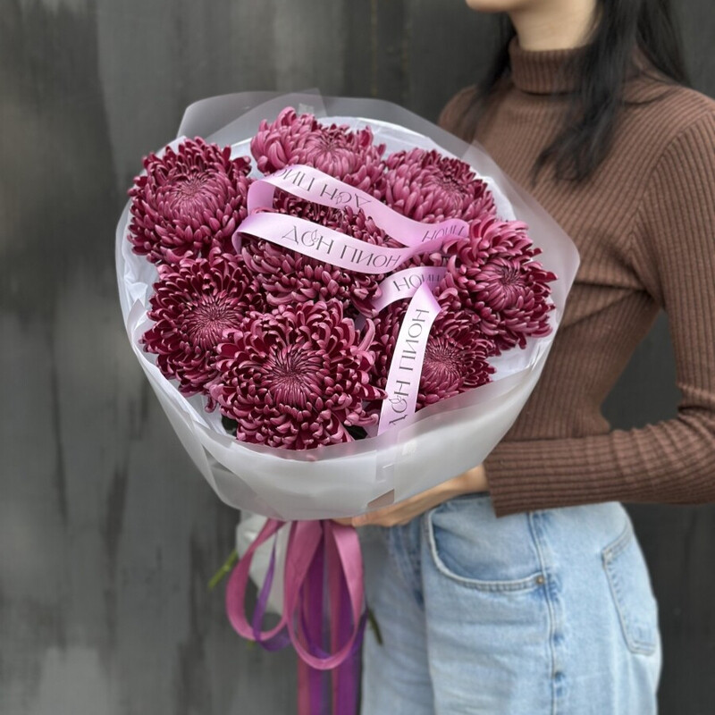 Монобукет с 9 винными хризантемами, стандартный