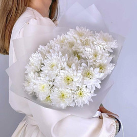 Букет из 5 белых хризантем кустовых в дизайнерском оформлении 45 см