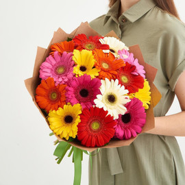 40 см қолөнердегі жасыл араласқан 15 гербераның букеті