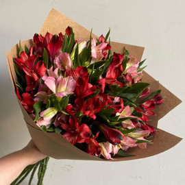 Bouquet of 9 red-pink alstroemerias in designer design 45 cm