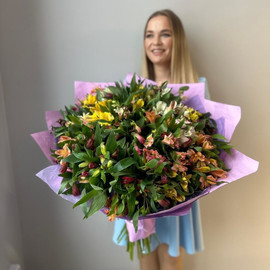 Букет из 51 альстромерии микс в дизайнерском оформлении 