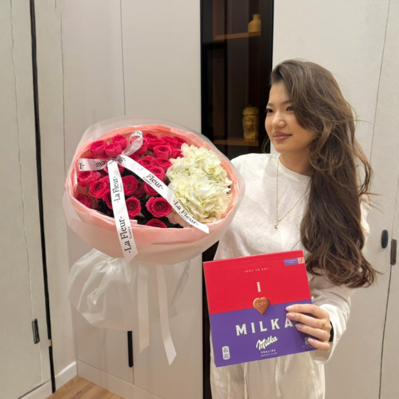 Nezhnij vkus» — kustovaya roza, gortenziya i Milka, standart