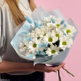 Buket iz 3 hrizantem romashek s lagurusom