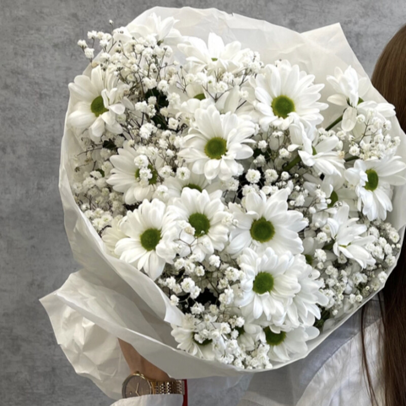 Belij nezhnij buket s romashkoj i gipsofiloj, standart