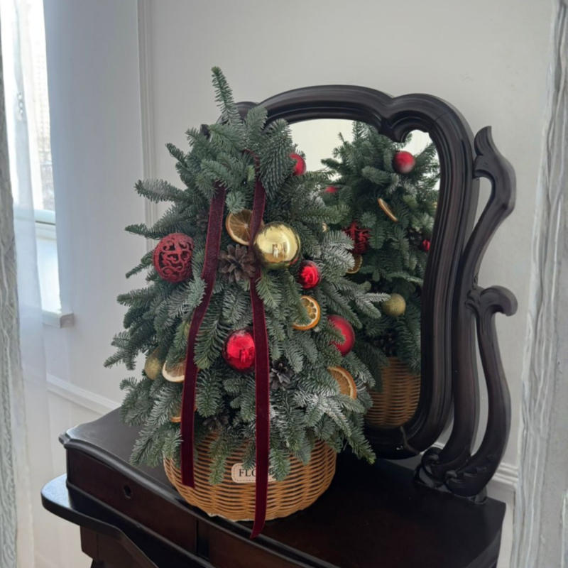 Тёплый вечер — новогодняя ёлочка в корзине  ", премиум