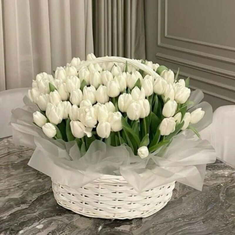 101 тюльпан в корзине , премиум