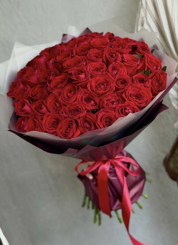 51 ароматная красная роза в стильной упаковке , 51 ароматная красная роза в стильной упаковке