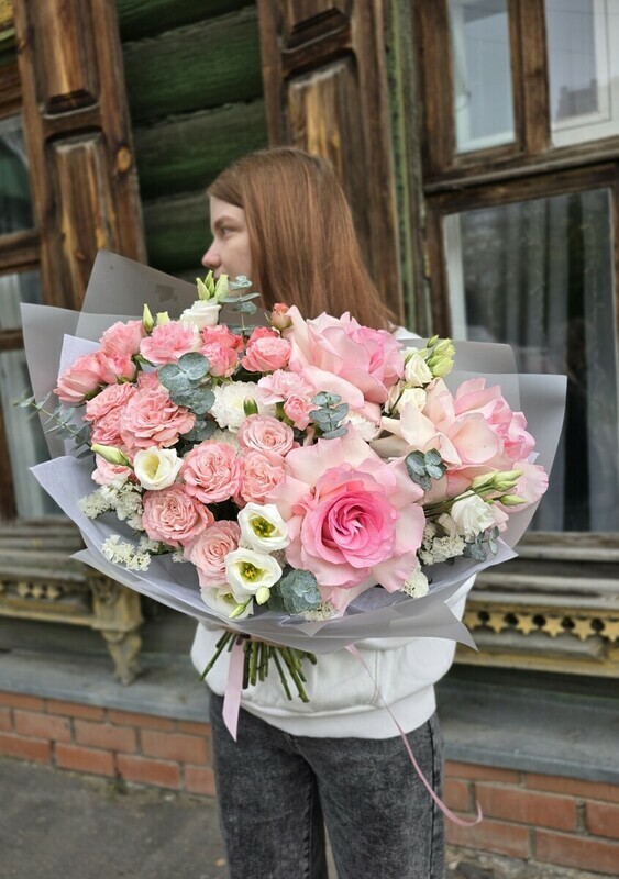 Премиум букет с крупными розовыми розами, премиум