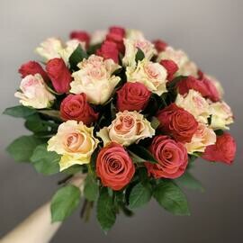 Розовые розы 35 роскошный подарок с ленточкой 