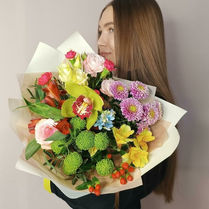 Теплый июль с розами, хризантемами и альстромерией, стандартный