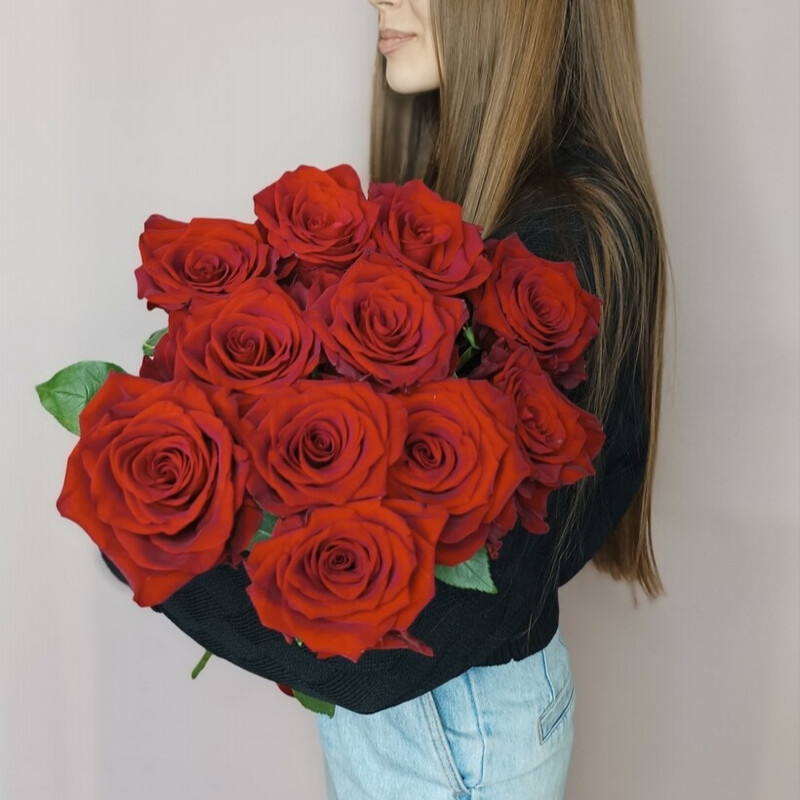 11 высоких красных роз, 11 высоких красных роз с ленточкой