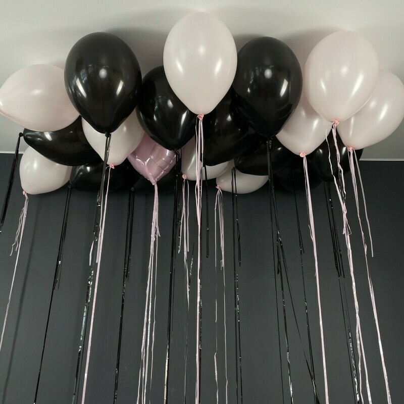 Набор шаров под потолок черно-розовые, шары с гелием, шары на праздник, стандартный