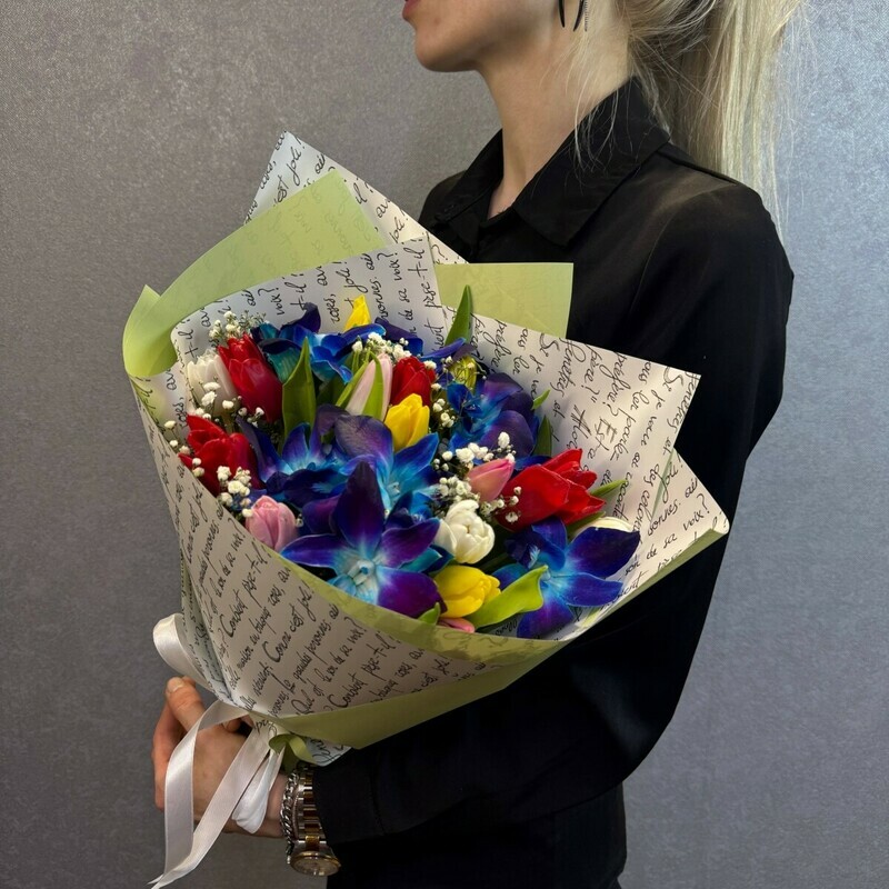 Микс тюльпанов с орхидеями, стандартный