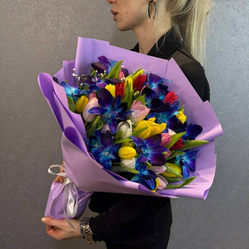 Микс тюльпанов с орхидеями, премиум