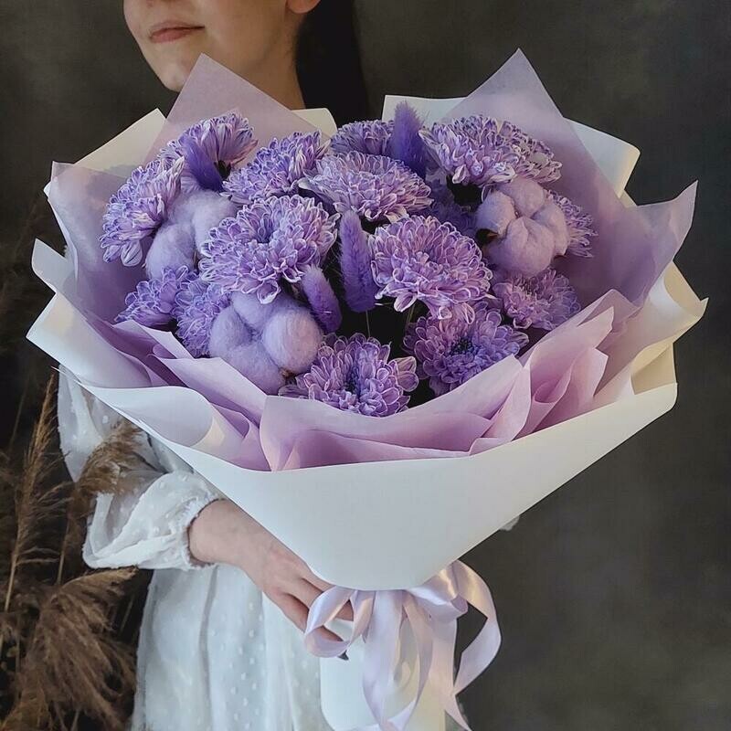 Monobuket : Sirenevie hrizantemi, hlopok, lagurus (razmer s), standart
