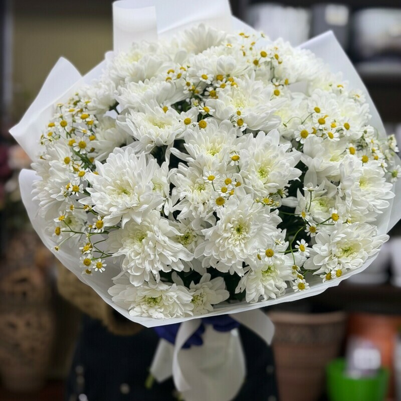 Buket iz hrizantem Altaj i romashek tanatcetum, standart