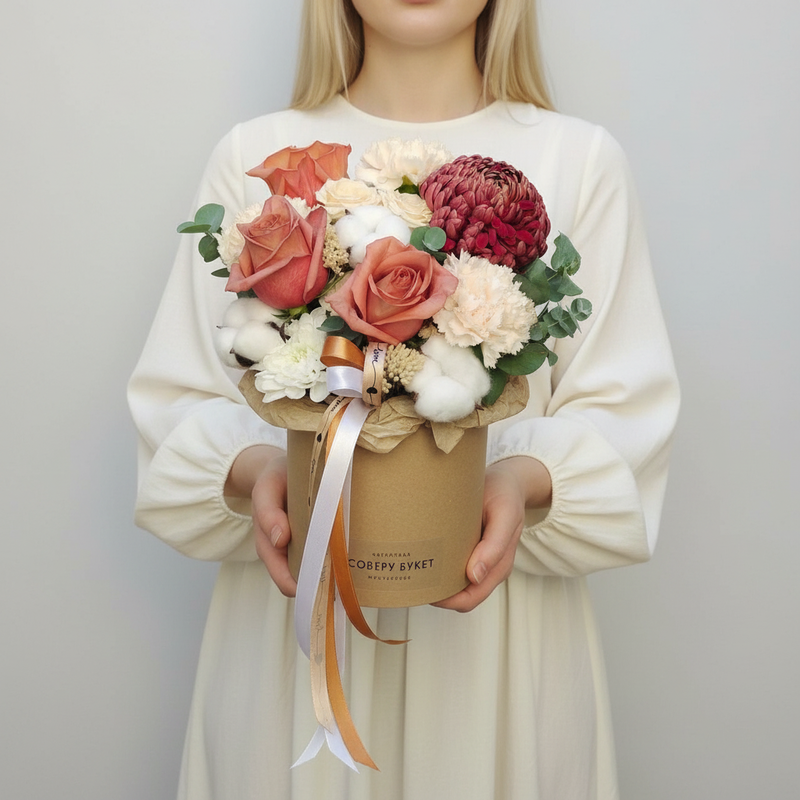 Композиция в шляпной коробке с кофейными розами, гвоздиками и хризантемой., стандартный