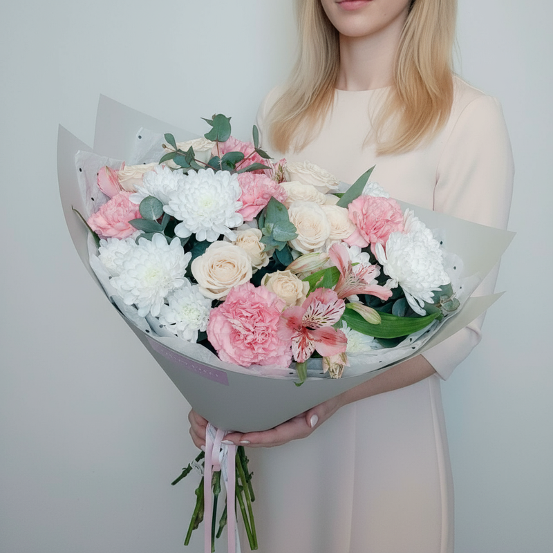 Avtorskij buket s rozami, hrizantemami i gvozdikami, standart