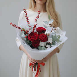Букет с хлопком, красными розами и илексом