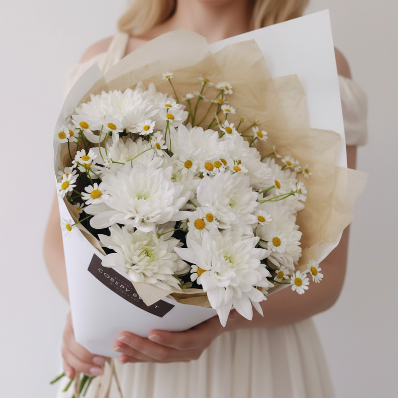 Buket iz beloj kustovoj hrizantemi i polevih romashek, standart