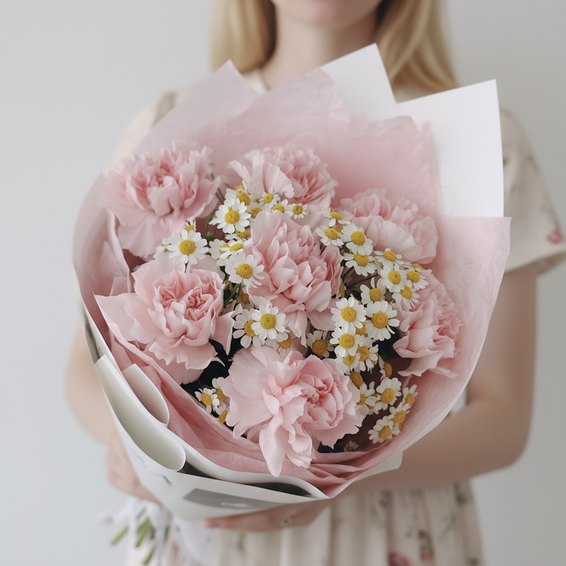 Buket iz rozovih gvozdik i polevih romashek, standart