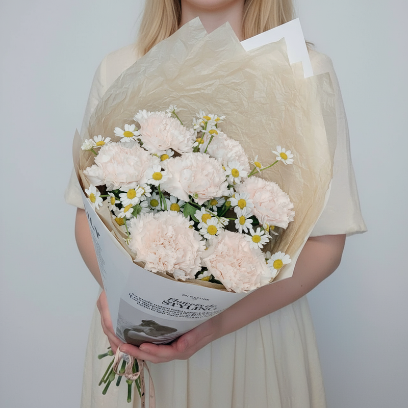 Buket iz kremovih gvozdik i polevih romashek, standart