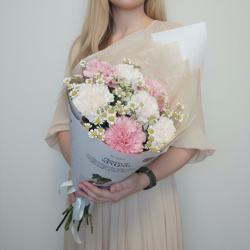 Buket iz rozovih i kremovih gvozdik s polevimi romashkami, standart