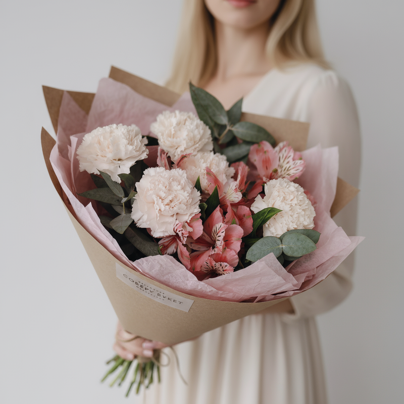 Buket iz kremovih gvozdik i rozovoj al_stromerii, standart