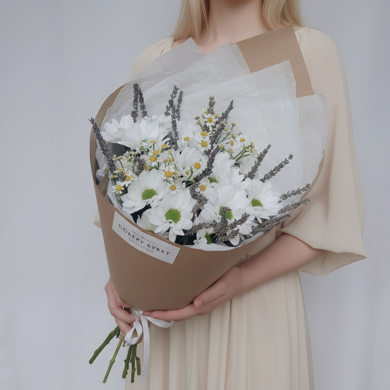 Buket iz romashkovih hrizantem, polevih romashek i lavandi, standart