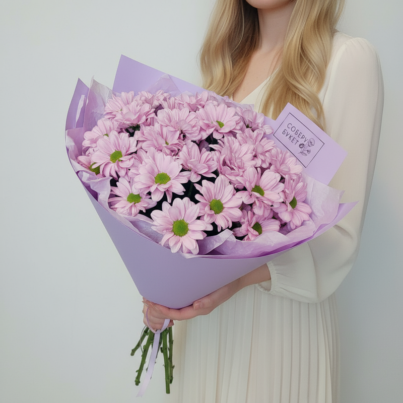 Buket iz rozovih romashkovih hrizantem, 5 vetok rozovoj romashkovoj hrizantemi