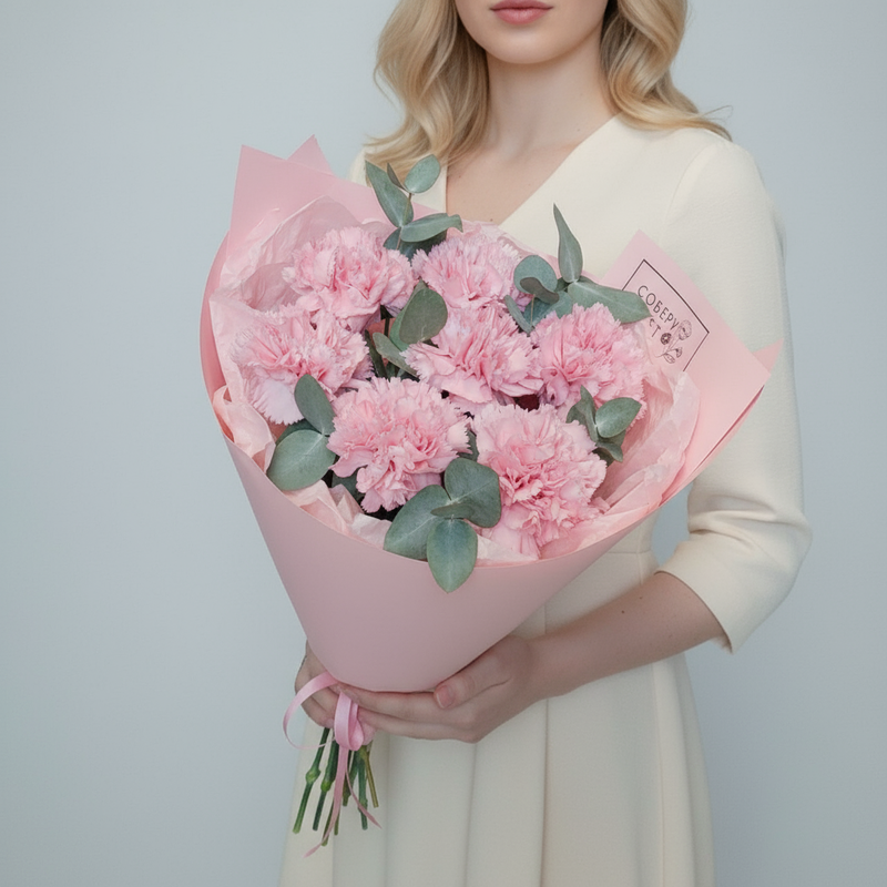 Buket iz 7 rozovih gvozdik s evkaliptom, 7 rozovih gvozdik s evkaliptom