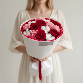 Букет из красных роз, хлопка и розовых гвоздик