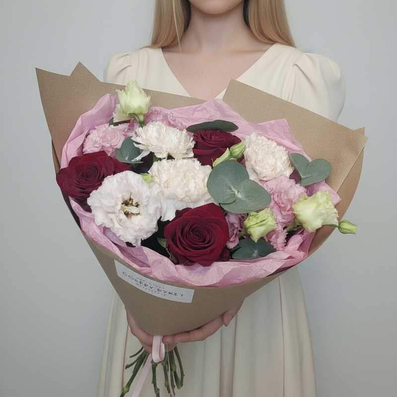 Букет из красных роз, кремовых гвоздик и розовой эустомы, стандартный