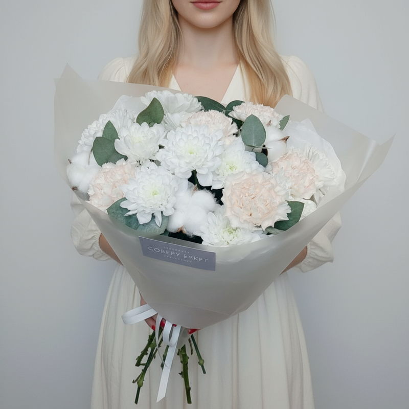 Buket iz belih hrizantem, kremovih gvozdik i evkalipta, standart