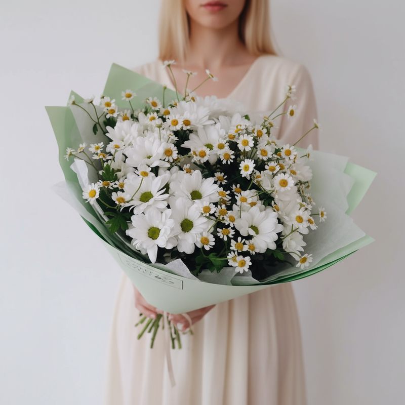 Buket iz romashkovih hrizantem i polevih romashek, standart