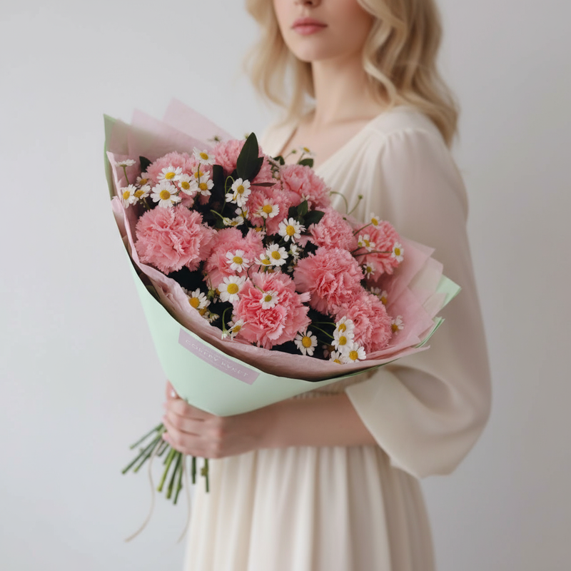 Букет из розовых гвоздик и полевой ромашки, стандартный
